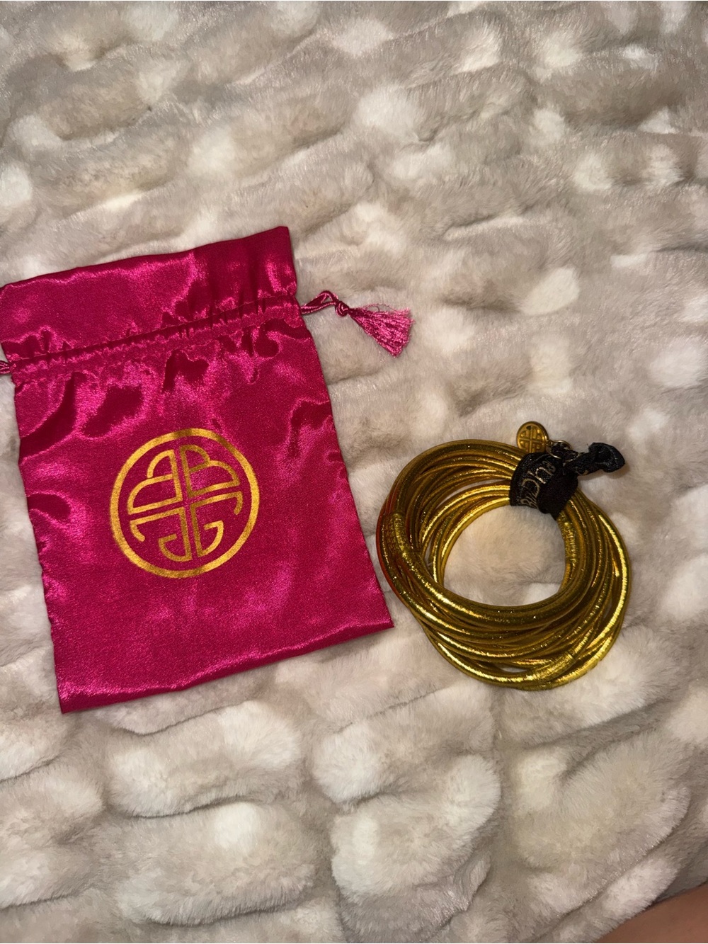 Gold Coil Stretch Bracelet Set with Pink Satin Drawstring Pouch